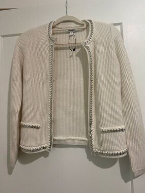 Express Ivory Knit Open Cardigan with Silver Chain Trim